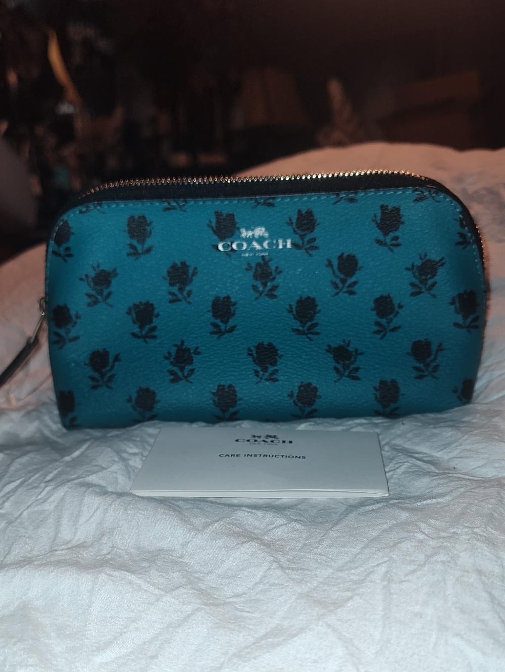 Coach NWOT Teal Cosmetic Pouch with Black Floral Print